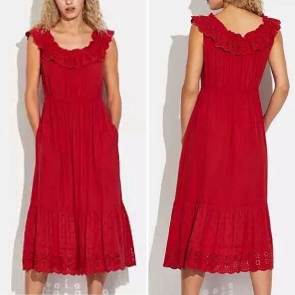 COACH Off-shoulder Ruffle Midi Dress Size 6 Romantic Boho Cottage Prairie Beachy - Picture 1 of 12